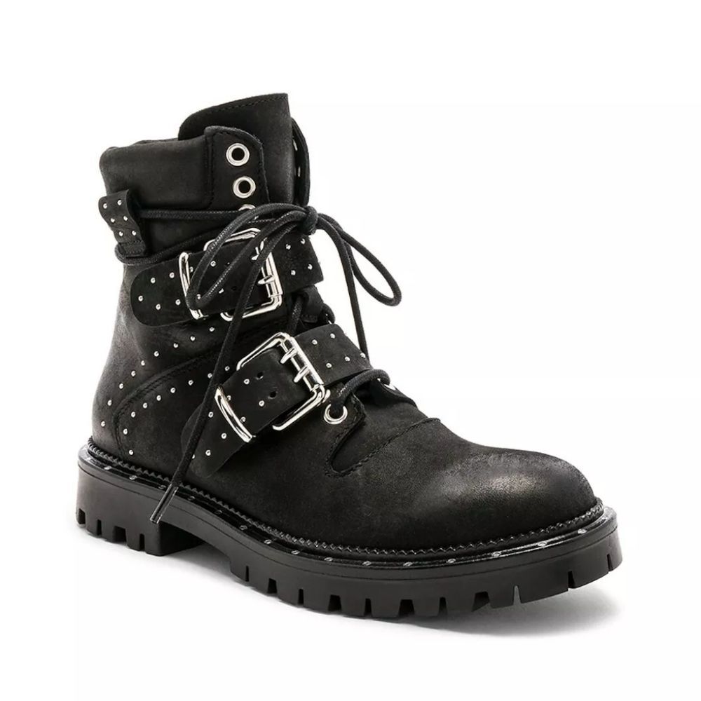 Free People Mountain Brook Leather Moto  Black Studded Ankle Boots Size 36